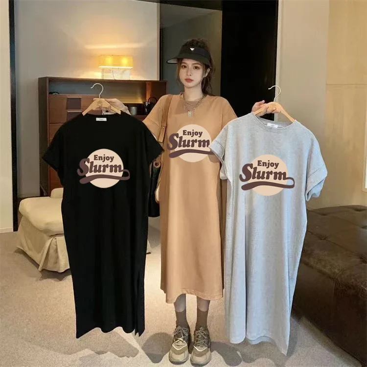 فستان صيفي جديد فضفاض مقاس كبير للنساء فستان عتيق مطبوع عليه حروف ورقبة دائرية وأكمام قصيرة