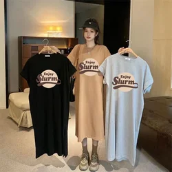 Summer New Plus Size Loose Dress Women's Vintage Letter Print Round Neck Short Sleeve Dress