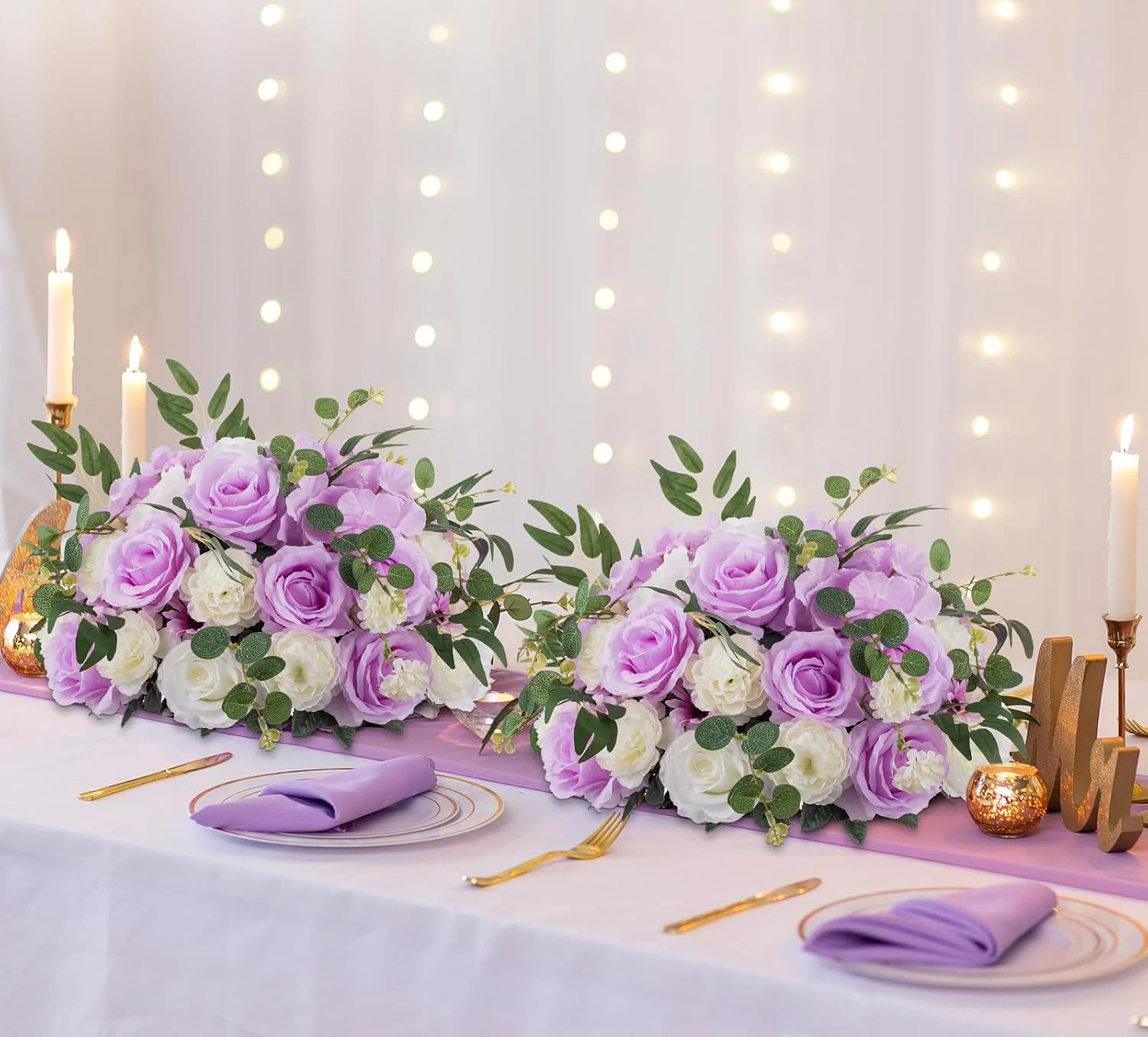 Flower Ball Arrangement Bouquet - 10 Pcs 17.7 inch Diam Light Purple & White Fake Flowers Roses Balls for Centerpieces Table