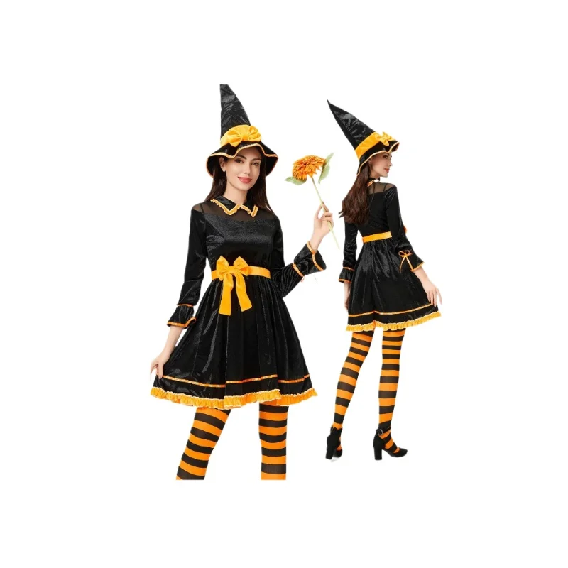 

Adult Women Halloween Cosplay Costume Pumpkin Witch Dress Striped Socks Suit Funny Theme Party Role Playing Performance Outfit