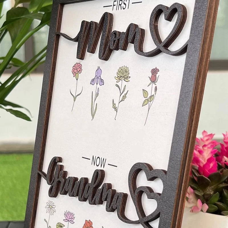 Nascimento de madeira personalizado Flower Craft Frame, presente personalizado para a avó Mom Dia das Mães, nomes de família