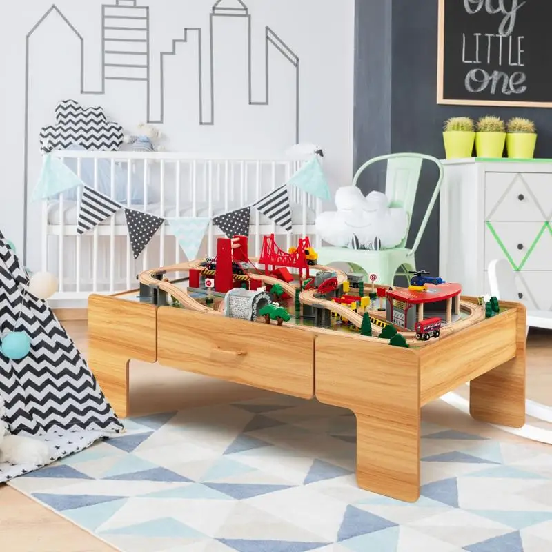 

100-Piece Double-Sided Wooden Train Set Table with Storage Drawer for Kids Age 3 +