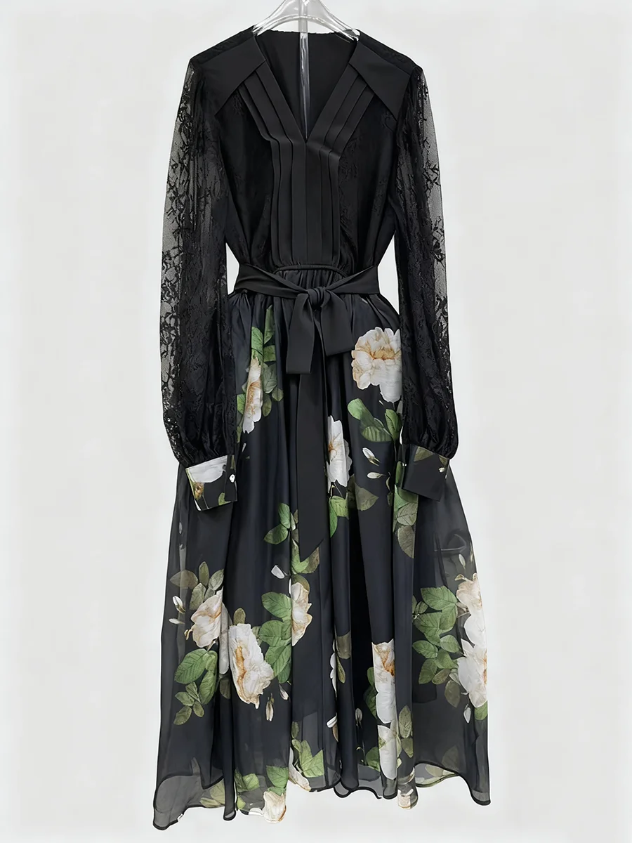 TWOTWINSTYLE Stampa Sheer Impiombato Lace Up Abiti eleganti per le donne Scollo a V Maniche lunghe Vita alta Abito casual Moda femminile