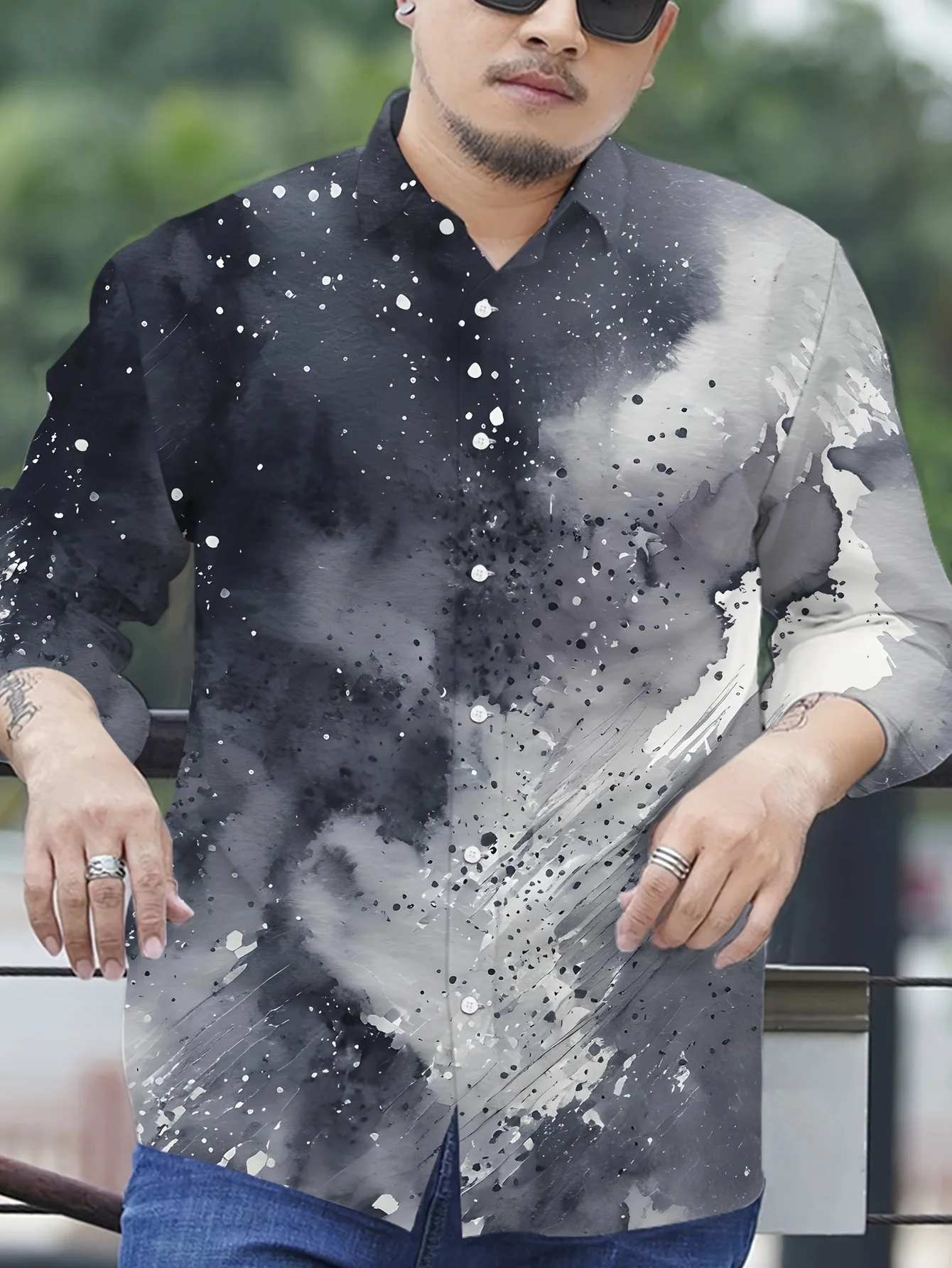 Bohemian Geometric Print Long Sleeve Shirt - Bold YES Text & Color Block Design, Regular Fit Button-Up Shirt for Men