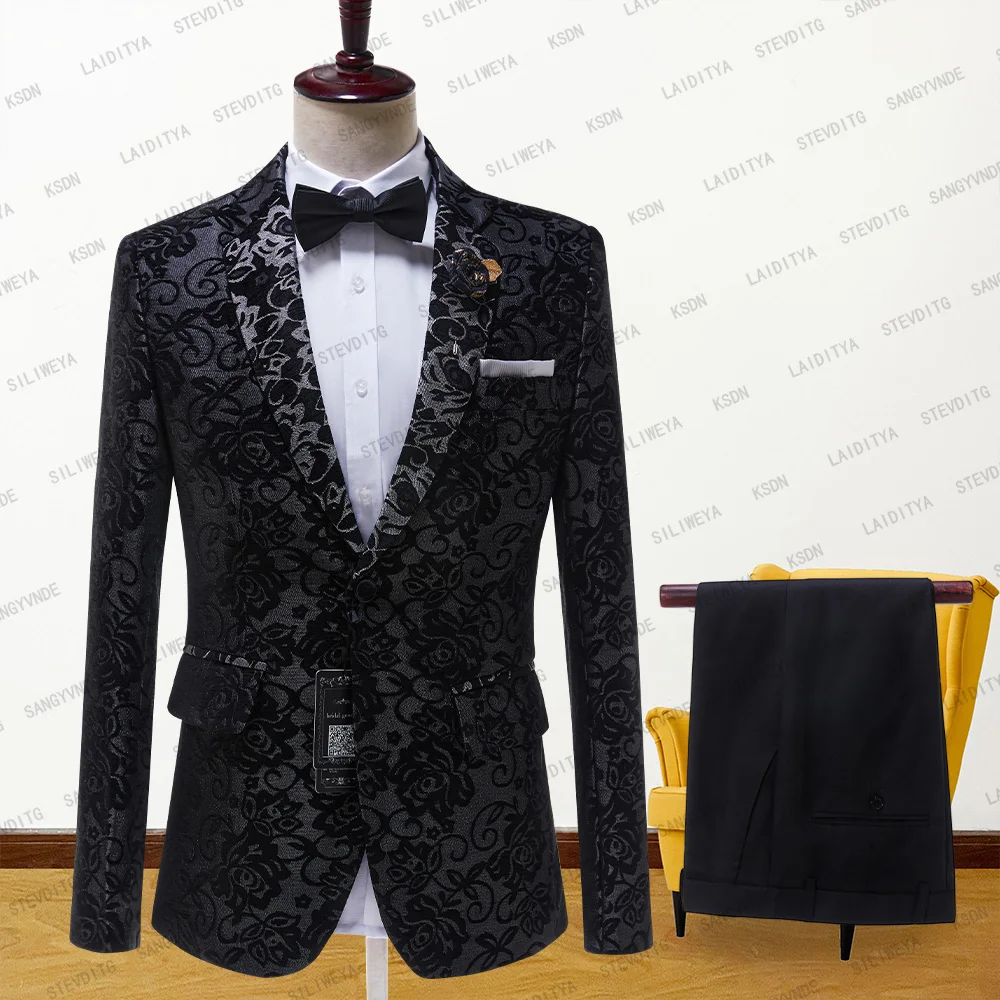 

2023 New Men Suit Black Jacquard Business Single Breasted Suits 2 Pieces Sets Male Printing Groom Wedding Dress Jackets Pants