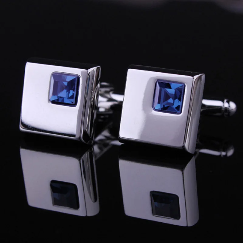 Fashion jewelry Boy Mens Wedding Shirt Cufflinks with Silver Color Metal Cuff Links Blue Black Pink Red Purple Crystal