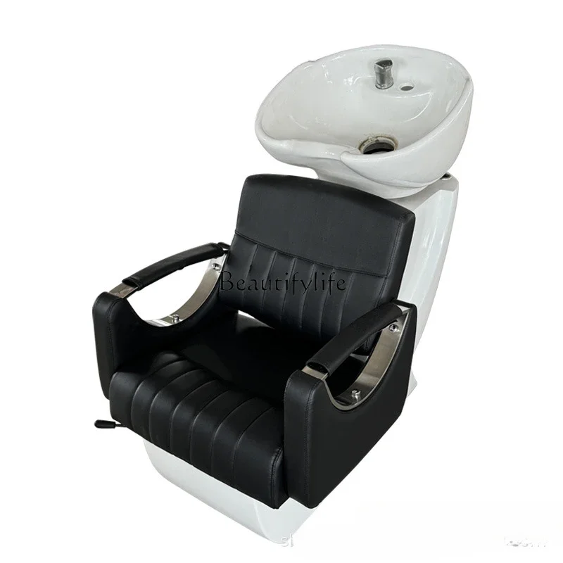 Barber shop shampoo flush bed semi-reclining ceramic basin massage bed