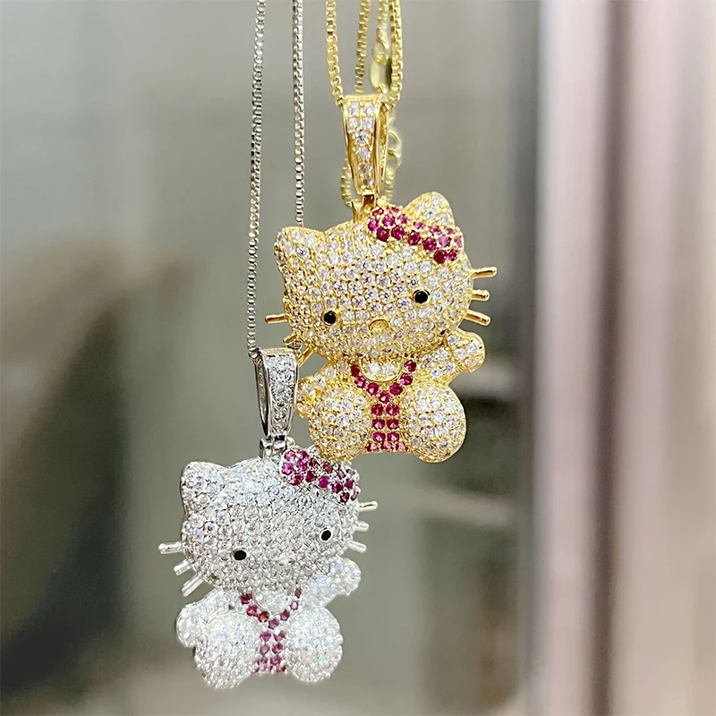 Hello Kitty stile hip-hop carino dolce collana con ciondolo con diamanti pieni di lusso ciondolo gatto cartone animato elegante regalo per ragazze gioielli di moda