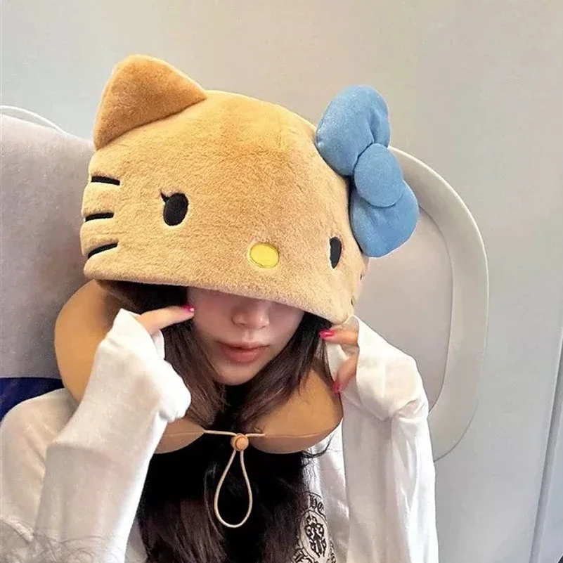 

Kawaii Hello Kitty U-образная подушка с капюшоном, уютная плюшевая затемняющая U-образная подушка для путешествий, отдыха, сна, самолета, автомобиля, подарки