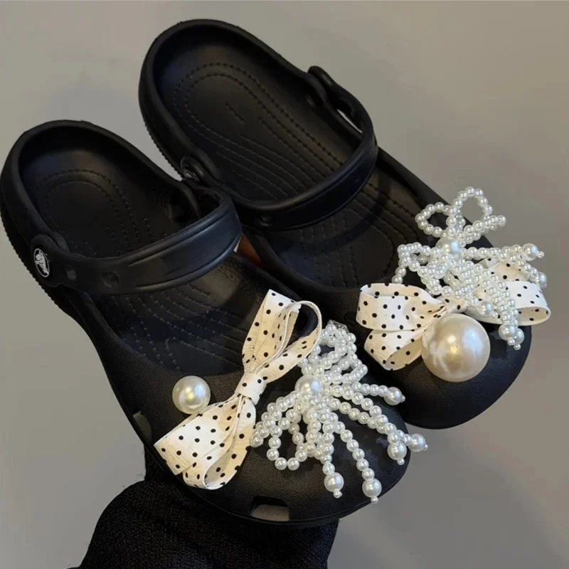 1 Set Elegant Polka Dot Bow Pearl Shoe Charms Set for Clogs Luxury Beaded Tassel Shoe Decoration Pins Shoe Accessories for Women
