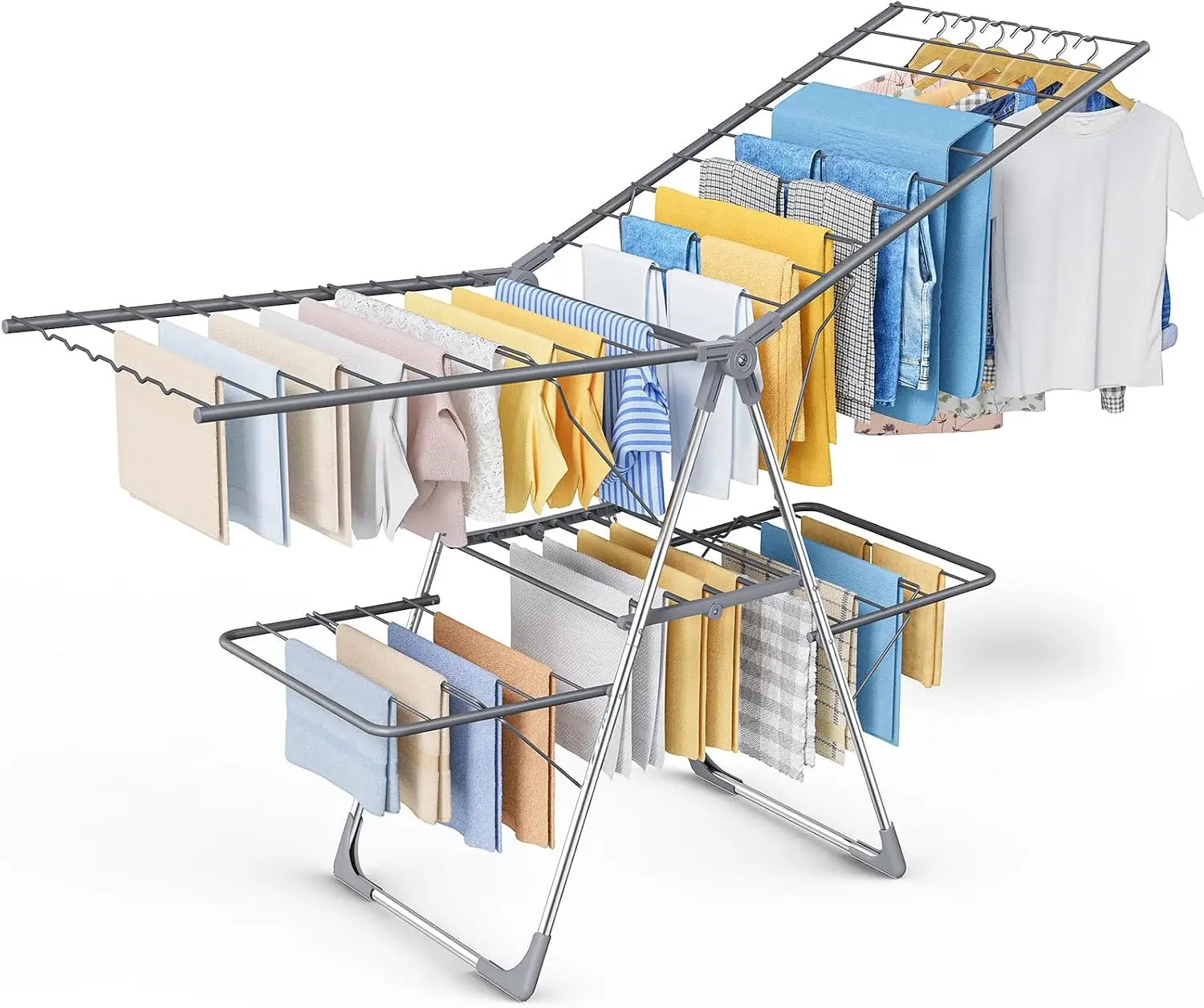 Foldable Two Level Clothes Drying Rack Adjustable Wings Laundry Bedroom Indoor Outdoor Height Adjustable Bedding Clothing