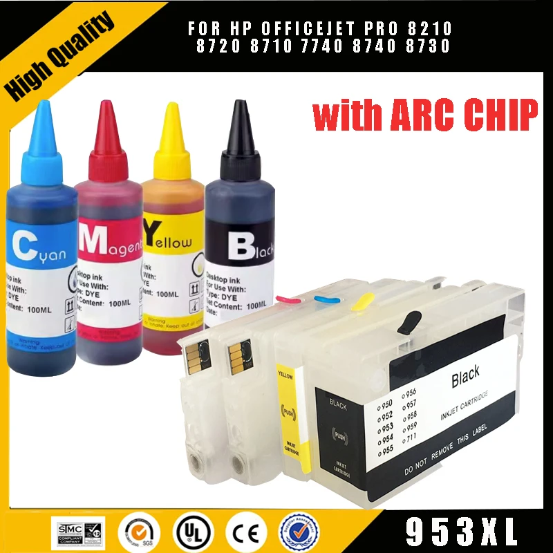 Enkshop 953XL Refillable Ink Cartridge Kit 953 With Chip For HP OfficeJet Pro 7720/7740/ 8210/8216/8710 8715/8720/8725/8730/8740