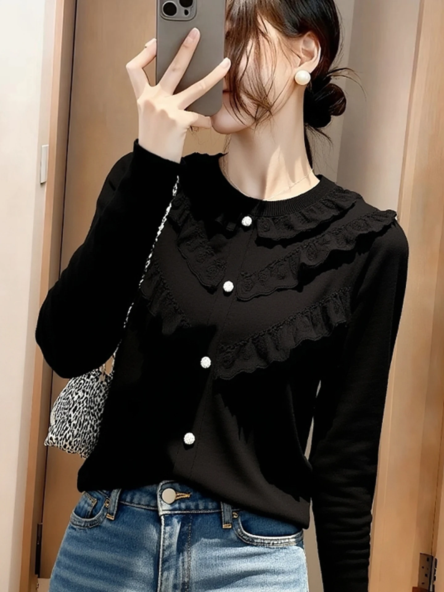 كشكش Sve محبوك سترة الدانتيل المرقعة طويلة Sve ملابس داخلية 2025 شتاء جديد Sle طبقة قاعدة دافئة المرأة Faion #3