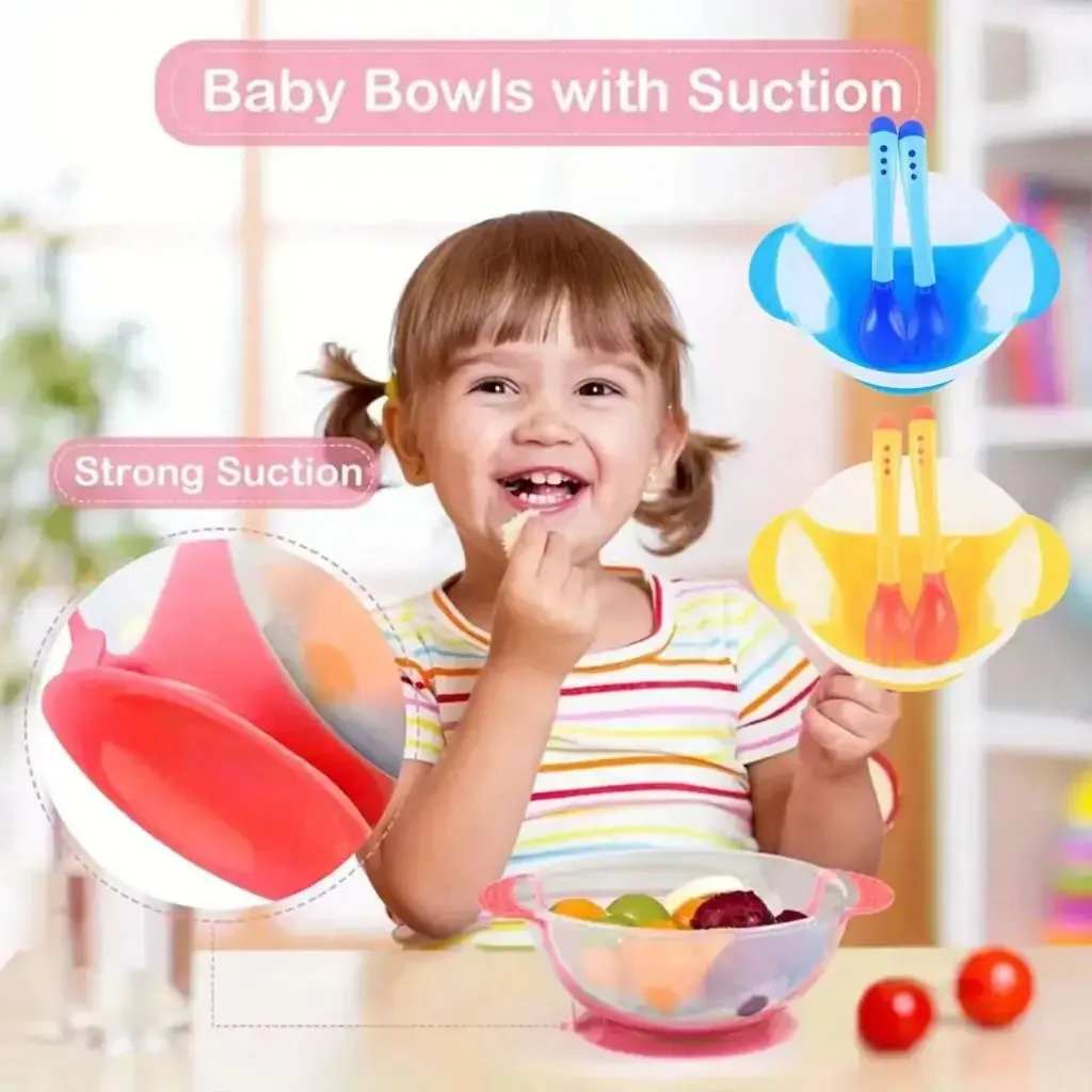 3-piece Set of Heating, Color Changing, Temperature Sensing Suction Cups, Bowls, Forks, and Spoons, Newborn Feeding Bowl