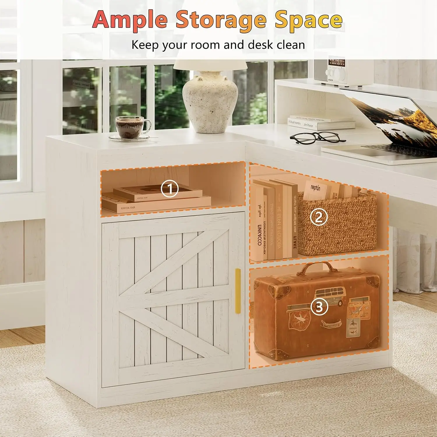 Farmhouse L Shaped Desk with Drawers, 62.2" Home Office Desk with Storage Shelves and Power Outlet, L Shaped, Customized
