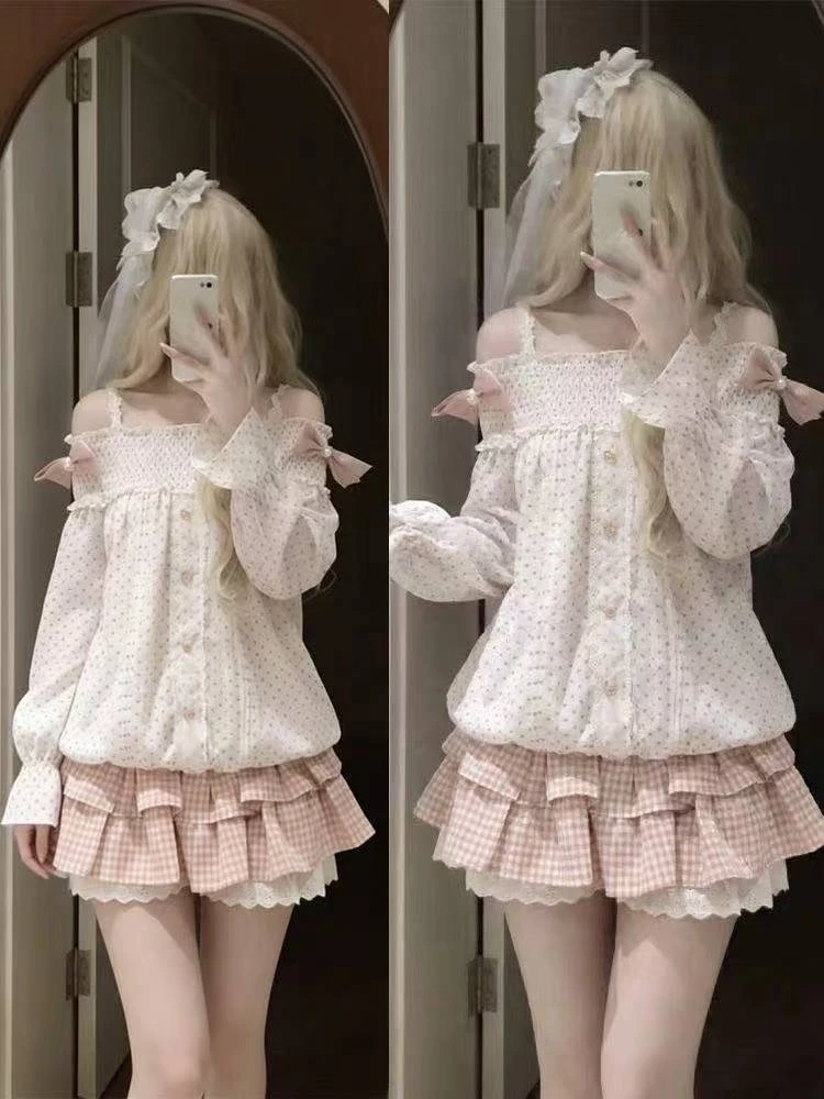 Japanese Retro Sweet Suits Women Lolita Ruffle Tops Bow Mini Skirt 2 Piece Sets Y2k Kawaii Cute Casual Fashion Outwear