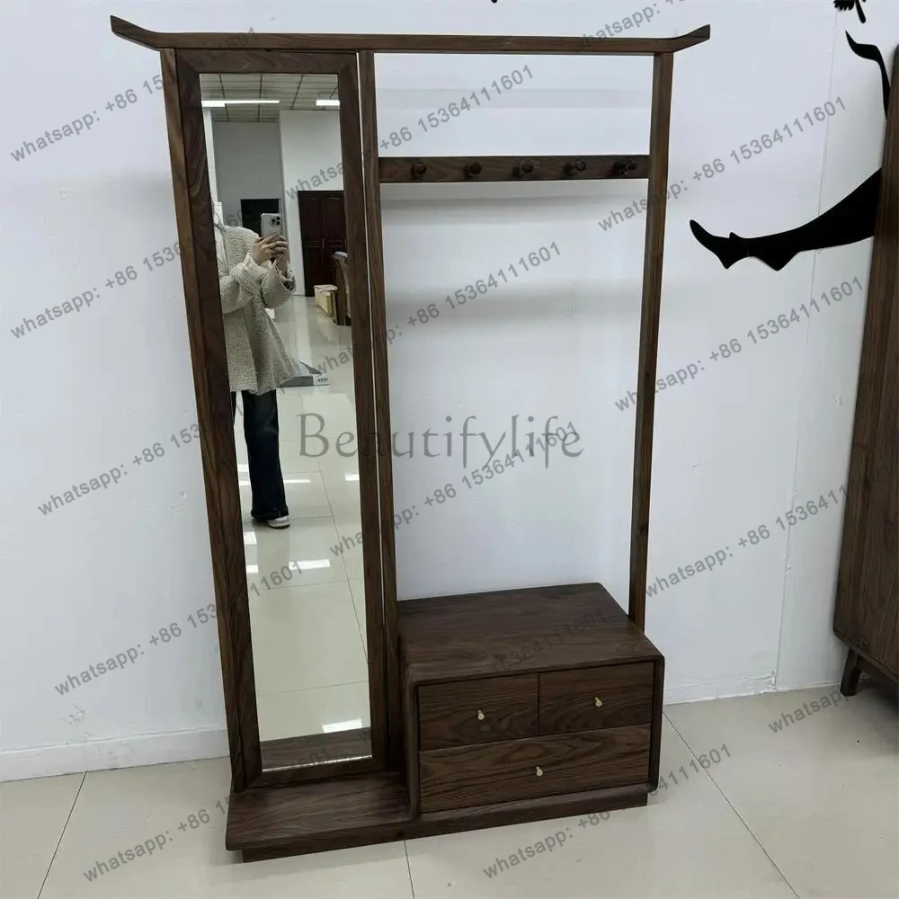 

Multifunctional North American Black Walnut Rotating Coat Rack with Mirror Floor Storage Bedroom Multifunctional Home