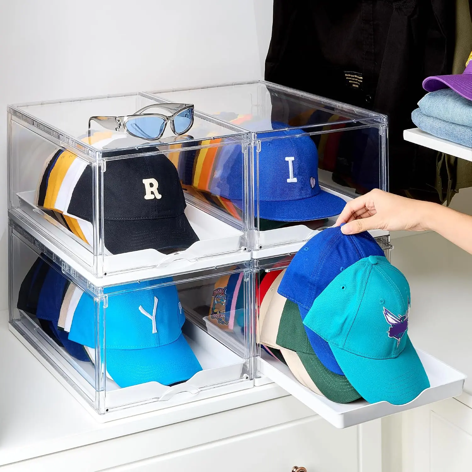 4 Pack Stackable Baseball Caps Organizer, Each Holds 12 hats, Customized