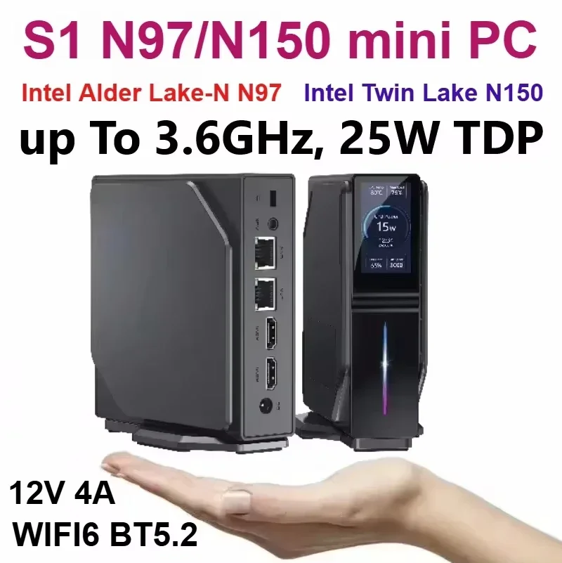 SZBOX S1 N150 N97 (حتى 3.6 جيجا هرتز، 25 وات TDP) كمبيوتر صغير WIFI6 BT5.2 يفوز 11 Pro DDR4 3200 ميجا هرتز 16 جيجا بايت 512 جيجا بايت RGB كمبيوتر مكتبي خفيف
