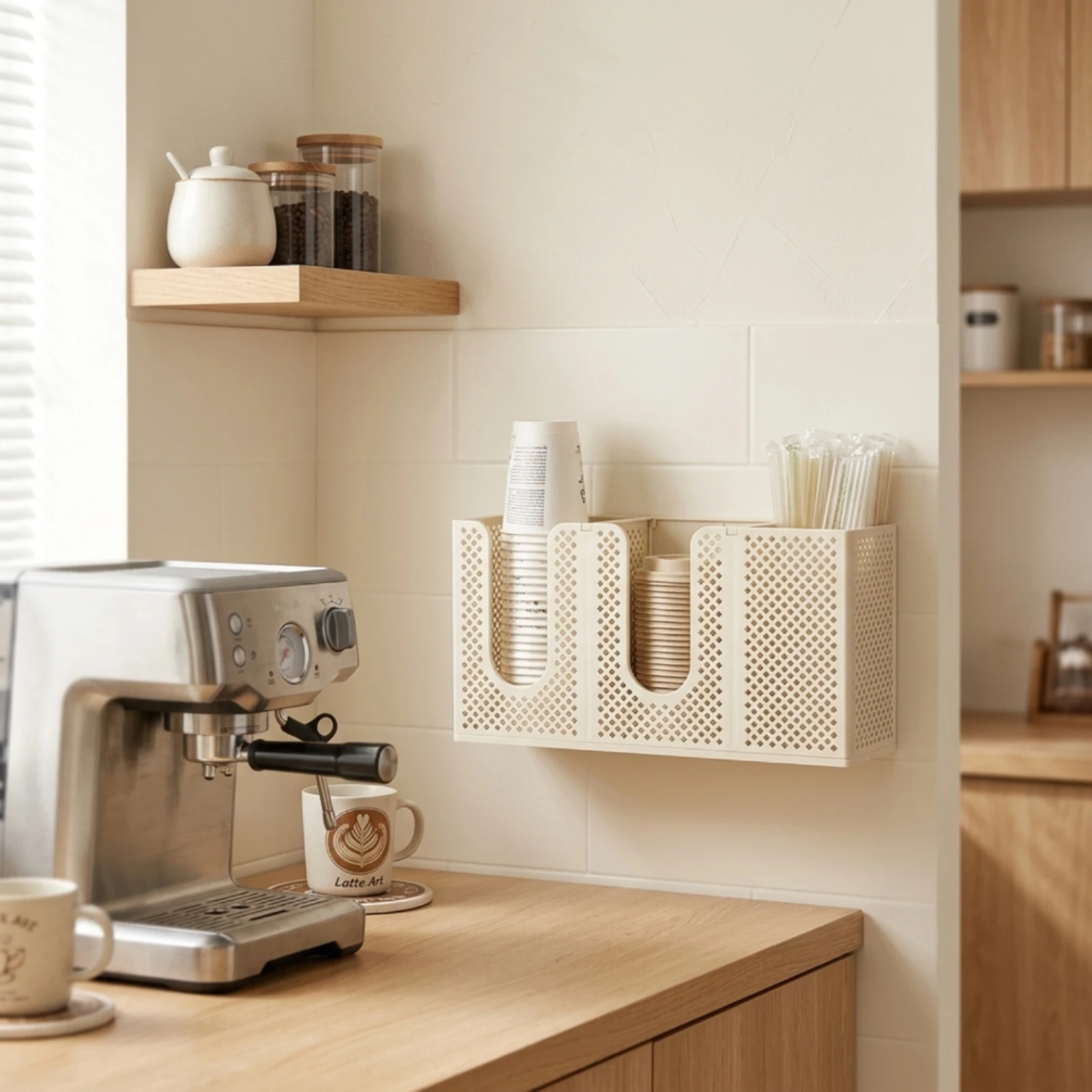 Cup Holder with Straw Organizer 3-Compartment Cup and Lid Organizer Straw Holder with Divider Wall-Mounted Storage Rack