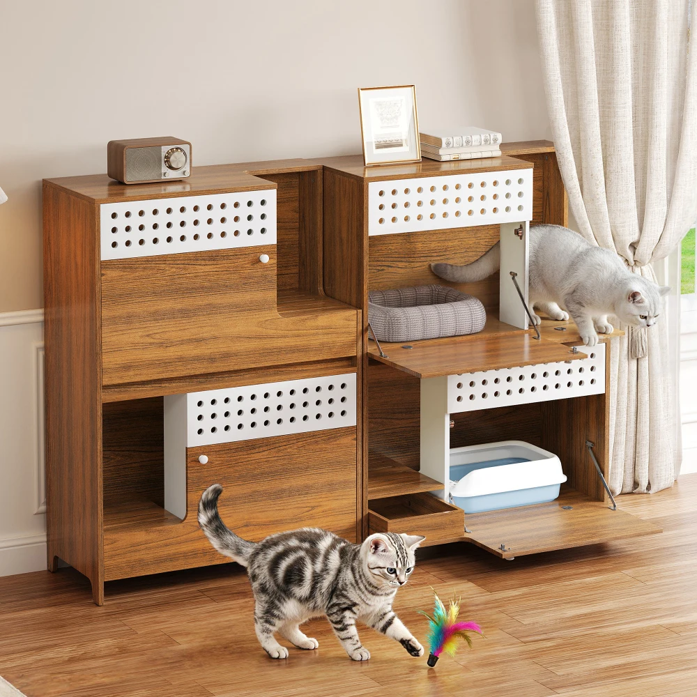

2-Piece Modern 2-in-1 Cat Furniture: Litter Box Enclosure Side Table with Storage for 2 Small-Med Cats - BROWN
