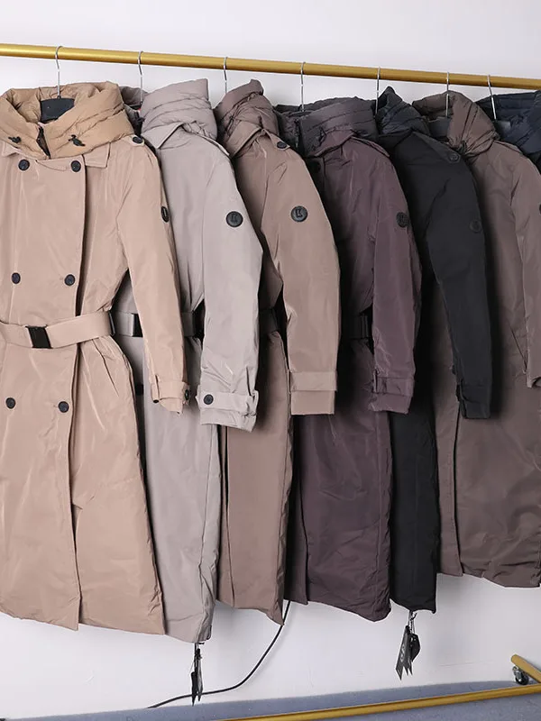 Women's Winter Outdoor Windproof Waterproof Hooded Mid-Length Coat Double Row Button Waist-Cinching Warm Cotton Jacket