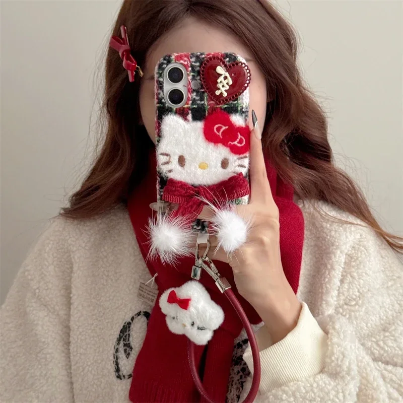 Ins Cute Cartoon Sanrio Hello Kitty Winter Warm Furry Plush Phone Case For iPhone 16 15 14 13  Pro Max Soft Cover With Lanyard