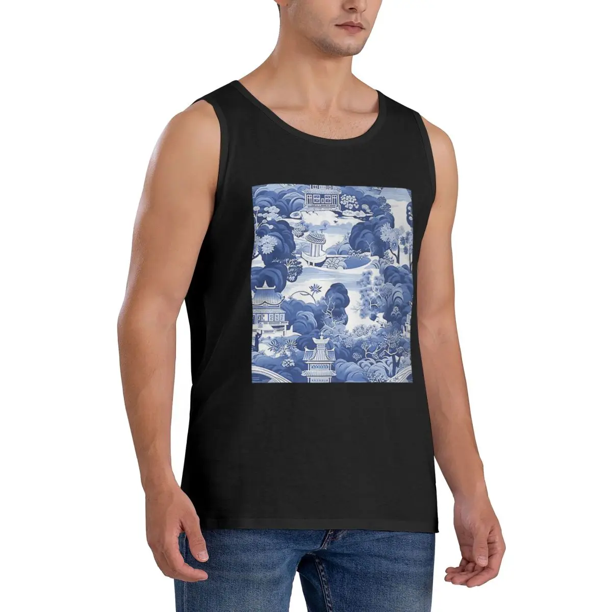 100% Cotton Chinoiserie Pattern Sleeveless T-Shirt Men Workout Sports Clothing Tops Men's Crew Neck Vest