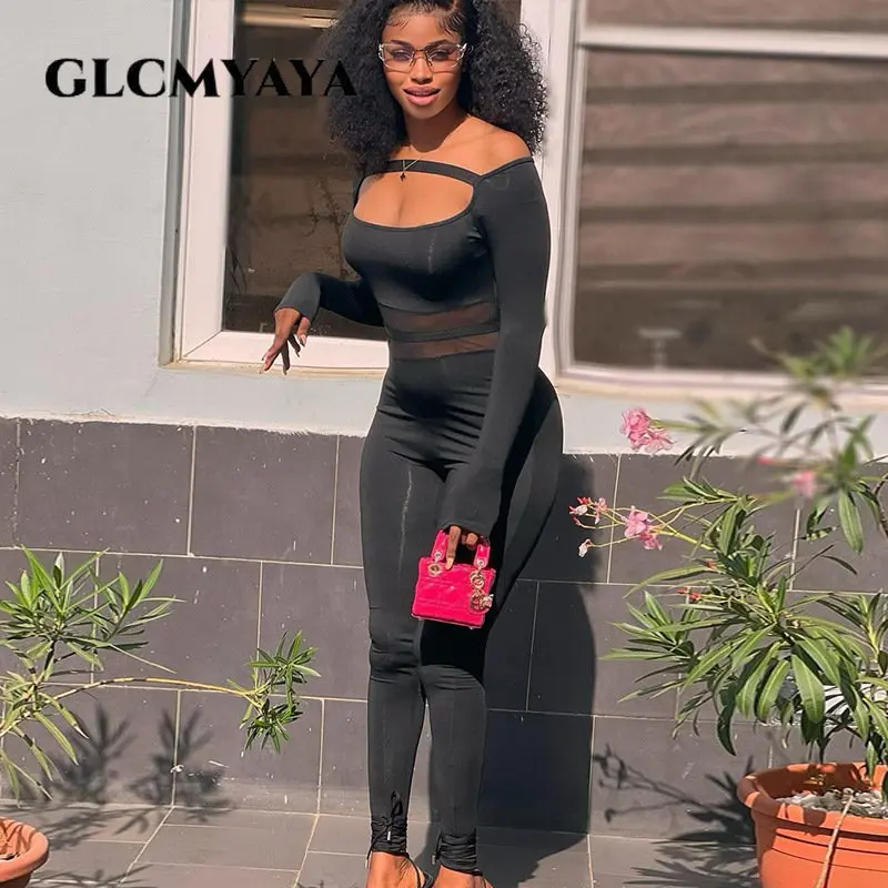 

GLCMYAYA Women Fashion Sexy Bare Shoulder Net Yarn Splicing Long Sleeve Slim Movement Casual Stacked High Waist Jumpsuits 2023