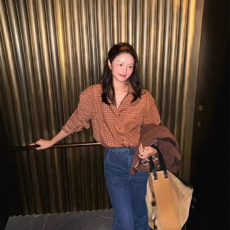 

Loose Long Sve irt Autumn Winter New Sle Korean GD Vintage Mermaid Wind Plaid Pattern Original Design Ladies irt