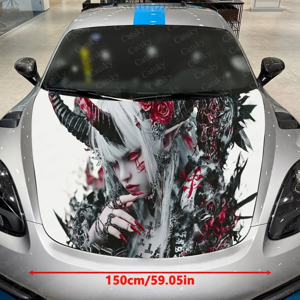 Red-Black Gothic Blood Princess Car Vinyl Wrap, PVC Waterproof Car Hood Sticker, Self-Adhesive Scratch-Resistant Stickers
