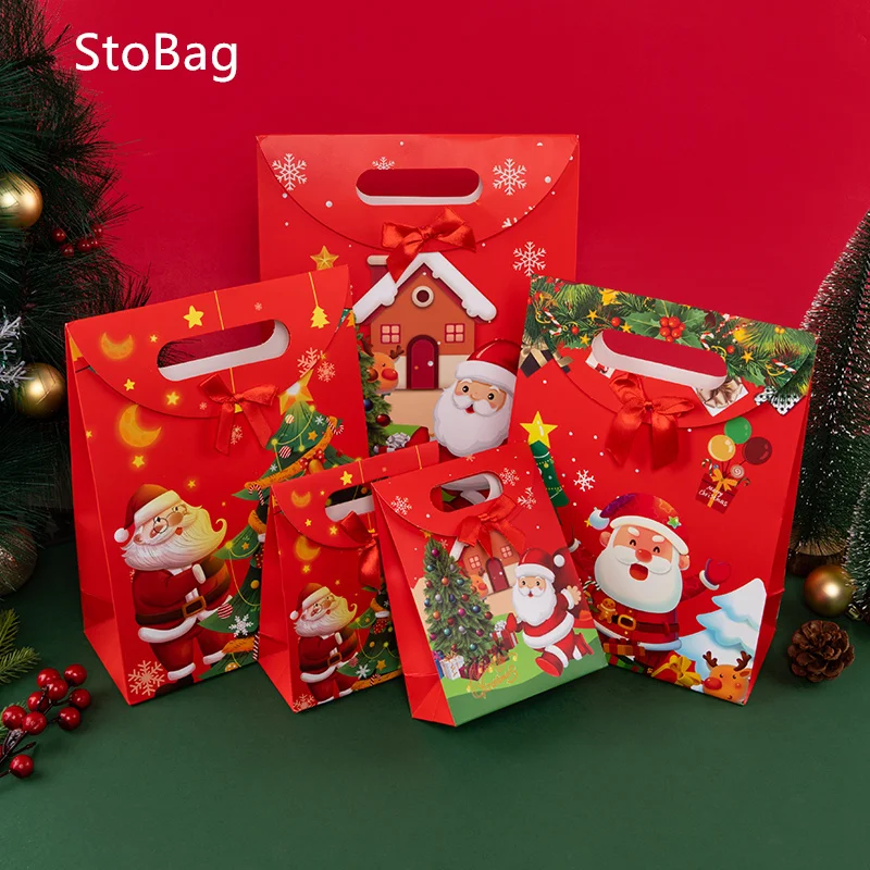 

StoBag-Christmas Candy Gift Bags Red Santa Claus Tree Bow Handle Packaging Chocolate Snack Shopping Party Wholesale Suppil 12Pcs