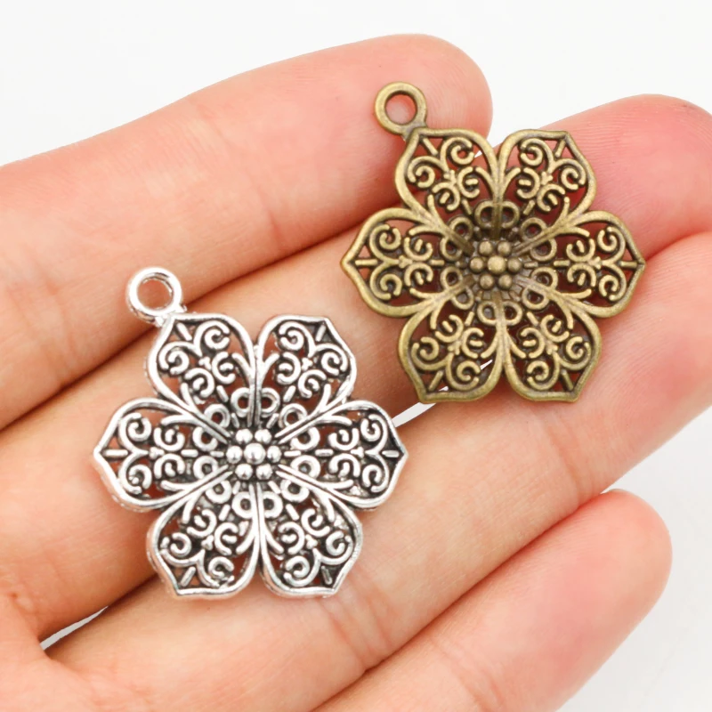 10pcs 32x24mm Antique Silver Plated and Bronze Plated Flower Style Handmade Charms Pendant:DIY for bracelet necklace