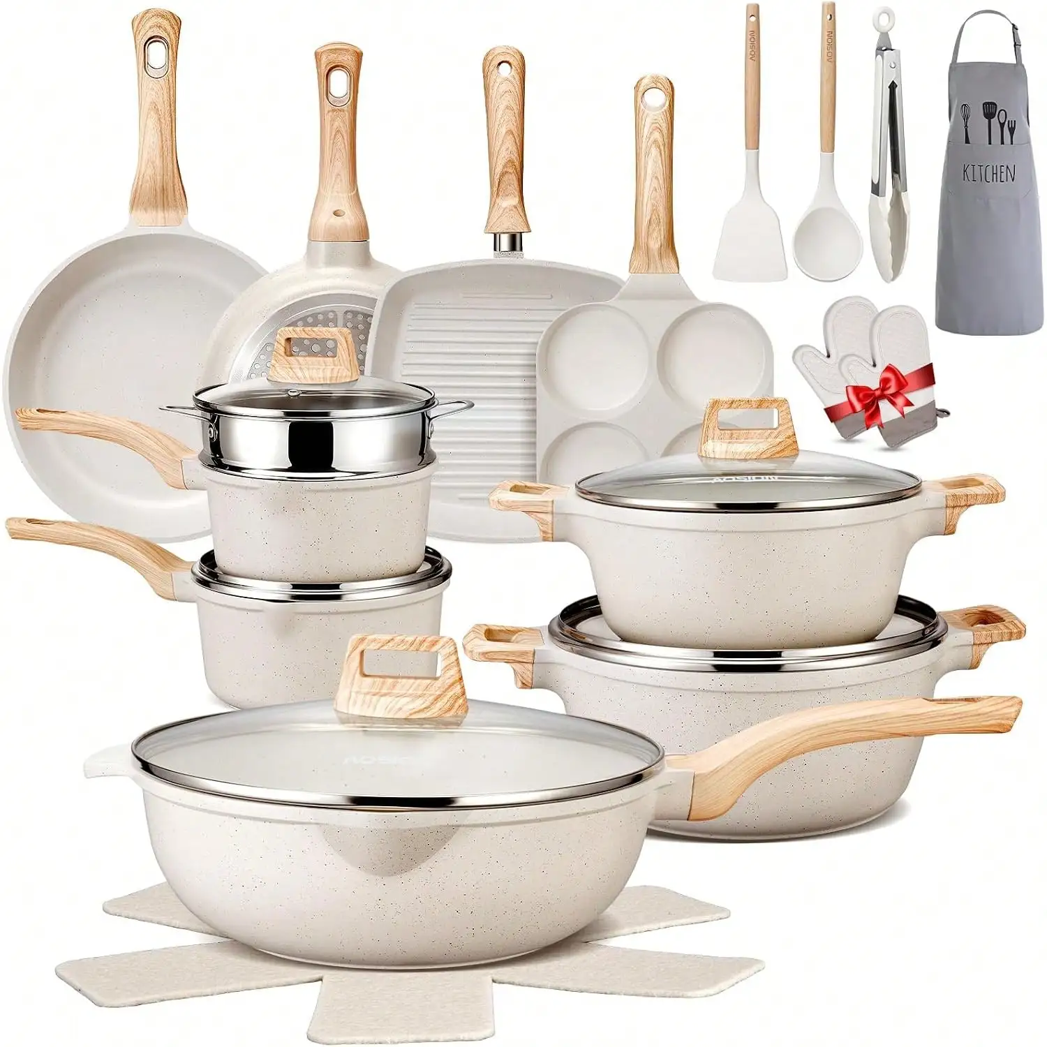 27PCS Pots And Pans Set, Nonstick Ceramic Cookware Set, Healthy Kitchen Cooking Set With Gloves, Apron, Silicone Tools & Pot Protectors, Variant 1