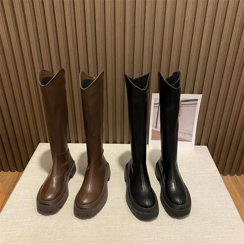 Slim Knight Boot Women 2022 Autumn New British Style Long Boot thick soles High boots with plush knee high leather boots mujer