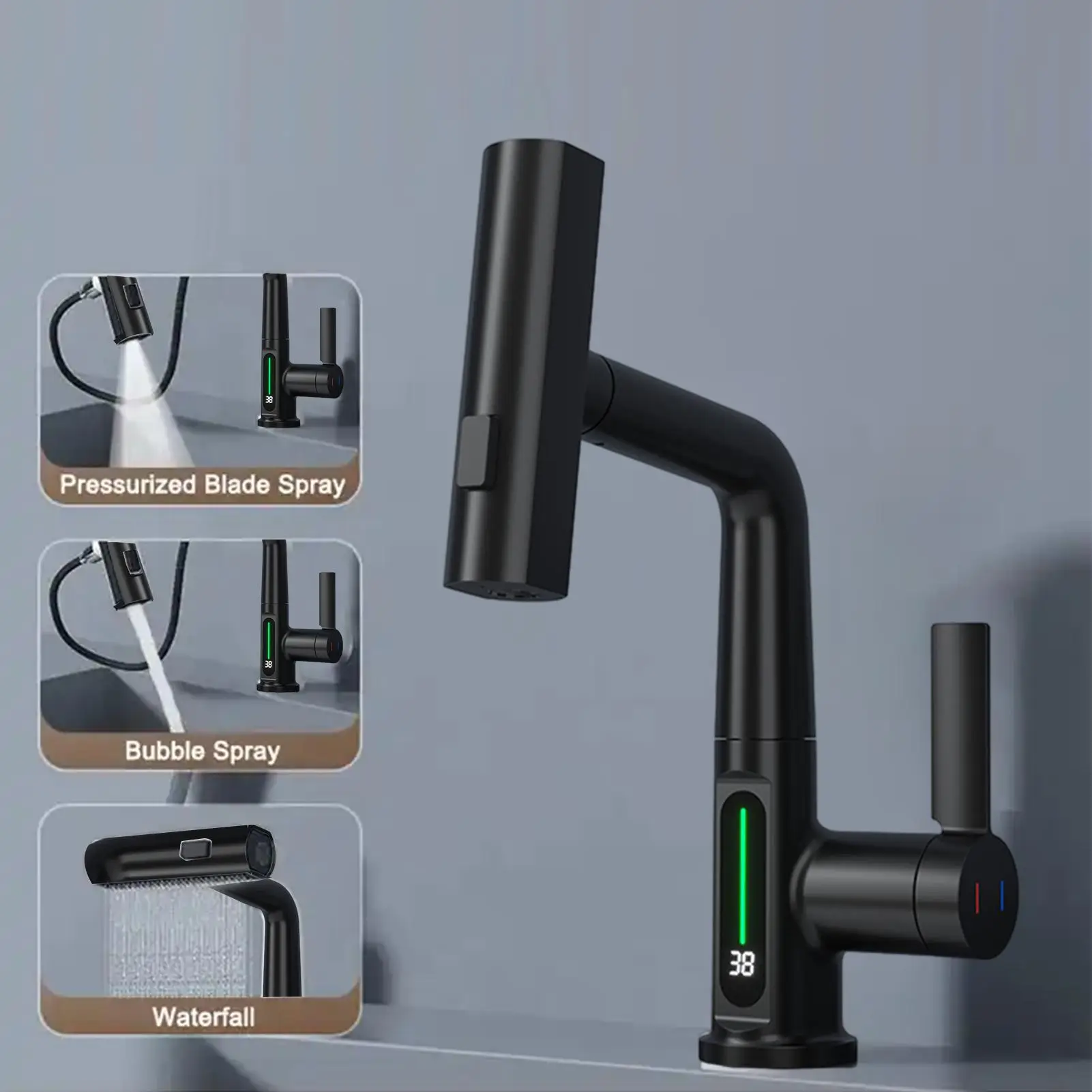 Faucet For Kitchen Smart Pull Down 5 Water Modes Digital Display Faucet Height Adjustable Water Tap For RV Camper Hotel Kitchen