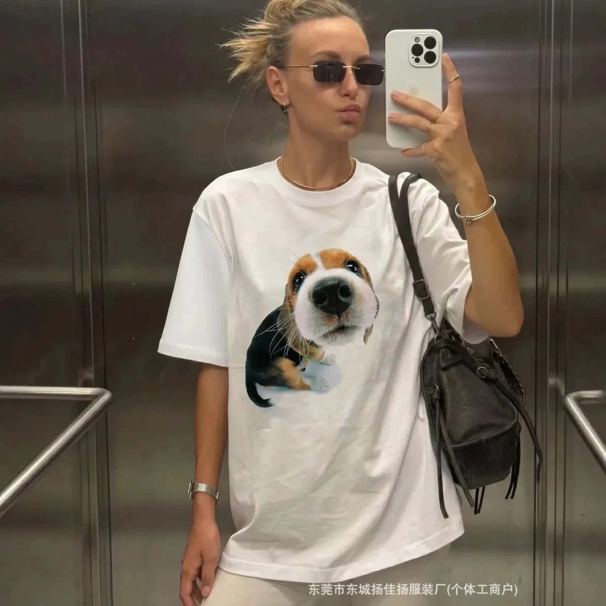 SWEET American Cute Pet Y2K Women's White Oversized Cotton T-Shirt Cute Realistic Beagle Puppy Graphic Casual Pet Lover Tee