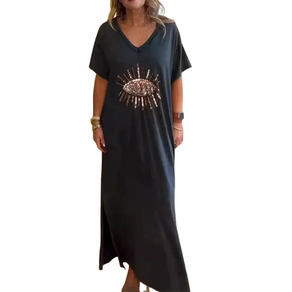 

Versatile Women Dress Eye Print Sequin Maxi Dress for Women Plus Size Ankle Length Vacation Homewear with Short Sleeves Shiny