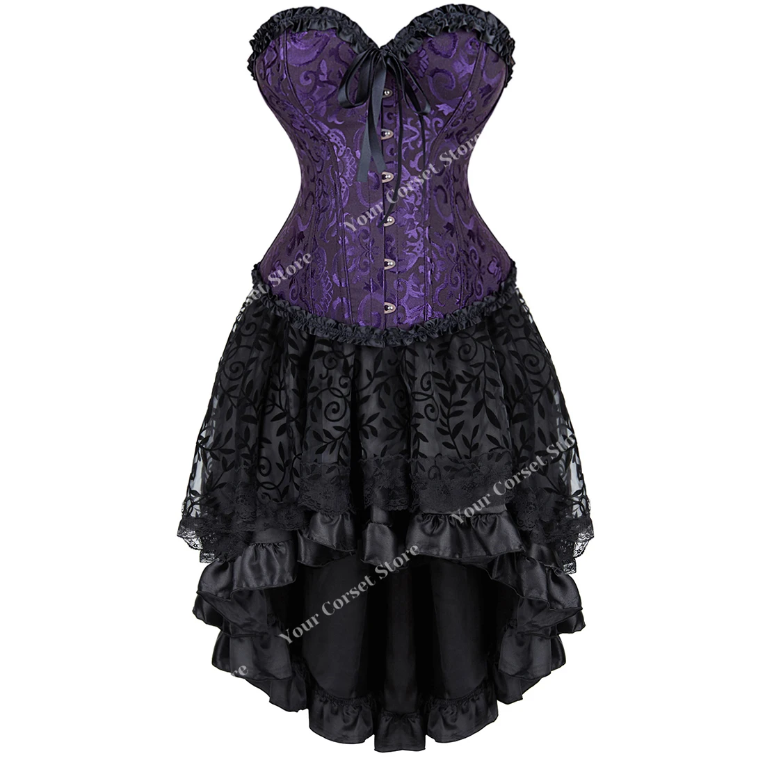 Corset Top with Skirt Overbust Corset Steampunk Burlesque Costume Women Jacquard Strapless Corset with Dress Plus Size