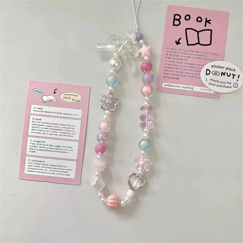 Cute Pink Bear Bow Pendant Beaded Phone Chain For iPhone Fashion Hanging Rope Women Anti-lost Lanyard Jewelry Charm Strap Gift