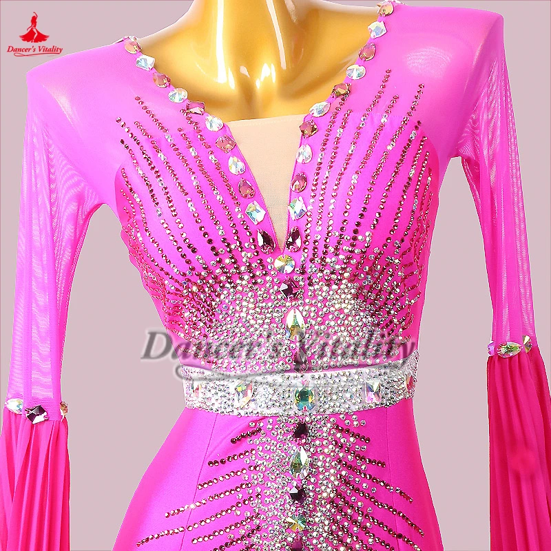 Moderne dans Internationale kampioenschap Rose jurk met lange mouwen High-end Foxtrot Waltz kostuum uitvoeren en wedstrijdkostuum aanpassen