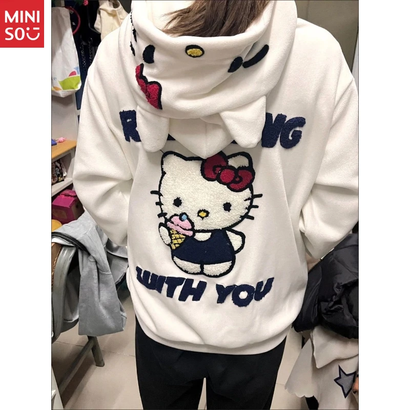 

Miniso Cozy Hello Kitty Ear Hood Jacket for Girls, Plush Sherpa Winter Coat Sweet & Warm