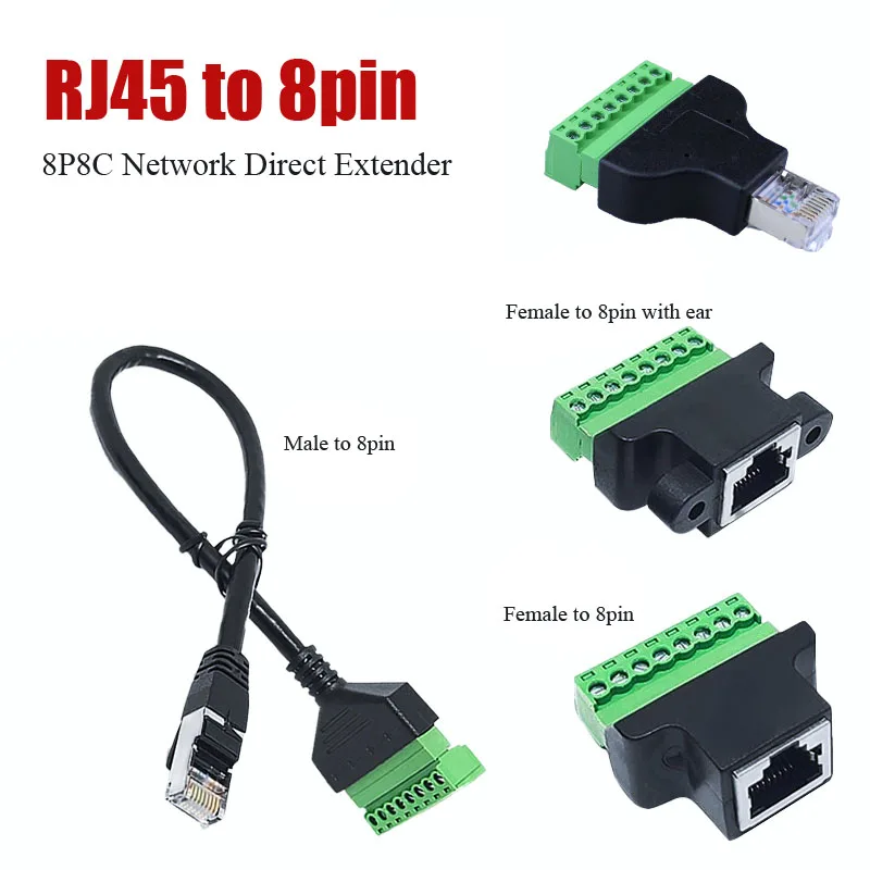 Solderless RJ45 Male Female Connector to 8pin Wiring Terminal Green Welding-free Shielded 8P8C Network Cable Extension Adapter