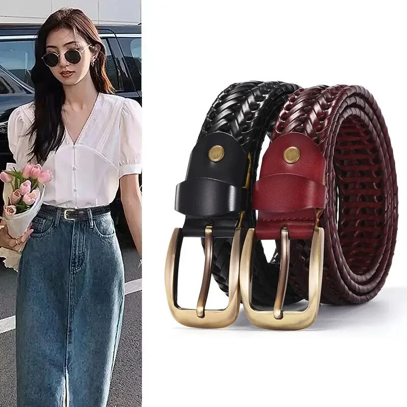 

Women Men Leather Braided Belt Webbing Vintage Belt Gold Pin Buckle Casual Jeans Coat Sweater Shirt Waist Strap Clothes Decor