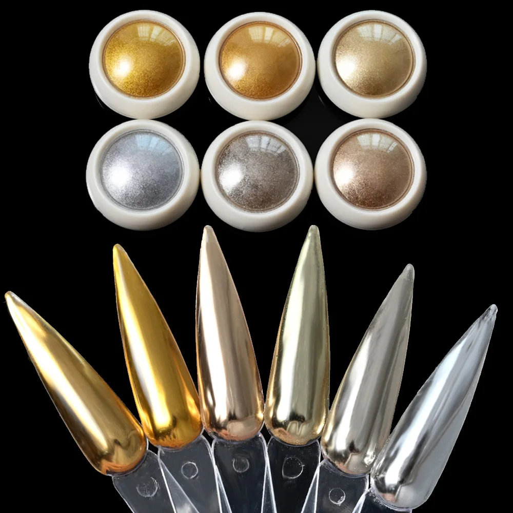 Elegante Espelho Efeito Cromado Metálico Poeira, Holográfica Glazed Manicure Decoração, Reflective Gold Silver Glitters Powder, 6 Pcs