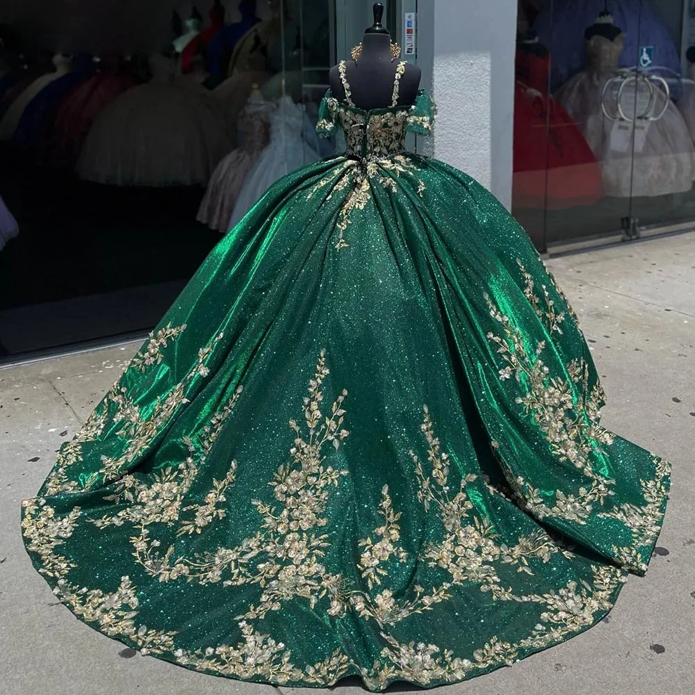 ANGELSBRIDEP Glitzernde grüne Quinceanera-Kleider, goldene Blumen, Spitze, schulterfrei, Vestidos de 15 Jahre, Geburtstagsfeier, individuell