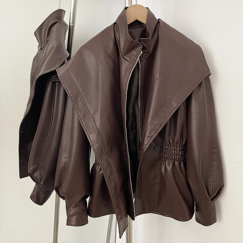 Leather Jacket Women Women's Faux Leather Jacket Elastic Waist Fitted High Female Zipper PU Neck Vintage Leather Trench Coat
