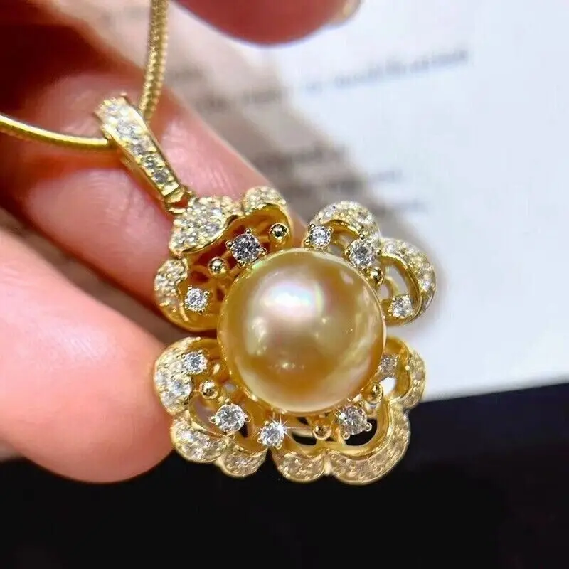 

Gorgeous Huge AAAA 10-11mm south sea Golden Round pearl pendant necklace 925s chains vintage jewelry necklace