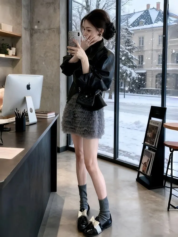 Korean Style Heavy Work Ballet Short Skirt A-Line Puffy Netting Women's Fashion City Walk Polyester Fiber Elastic Waist