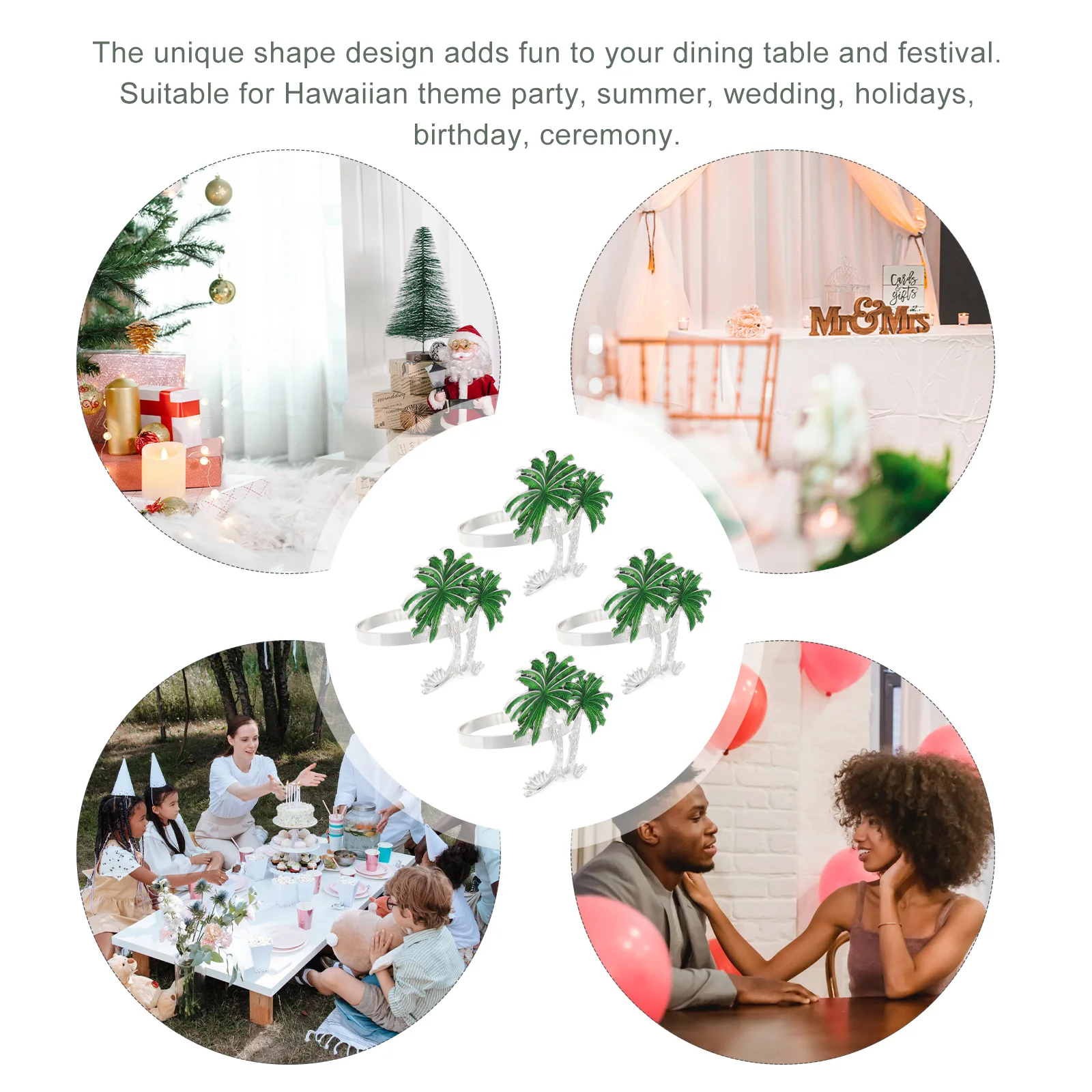 

4pcs Lovely Coconut Napkin Buckles Alloy Hawaiian Party Supplies Decorative Table Rings Wedding Summer Banquet Guest Holders